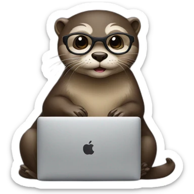 female otter with glasses leaning against a pillow with a macbook sticker