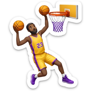 Man with a yellow basketball jersey with a purple number 23 on it. Black man with a beard dunking  sticker
