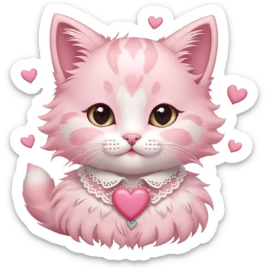 A pastel pink kitten with heart-shaped markings, a lace ribbon collar, surrounded by floating hearts. sticker