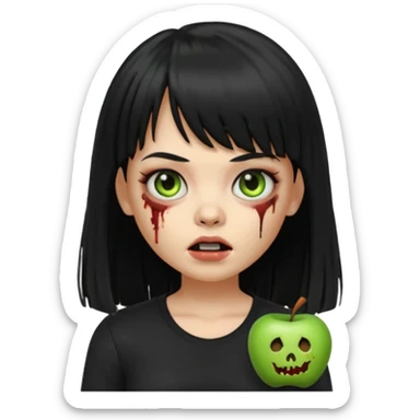 uma garota zumbi no formato Memoji da apple com o cabelo cumprido, preto liso e com franja, blusa preta sticker
