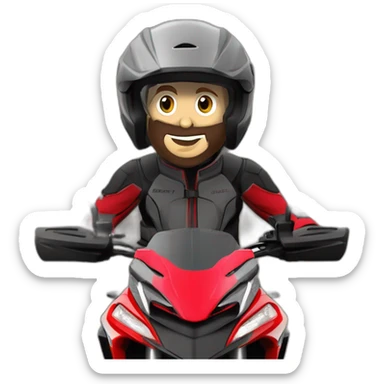 Caricatura Moto Ducati multistrada enduro off road roja y negra con manchas de barro en el depósito y las ruedas. Piloto con casco gris y máscara sticker