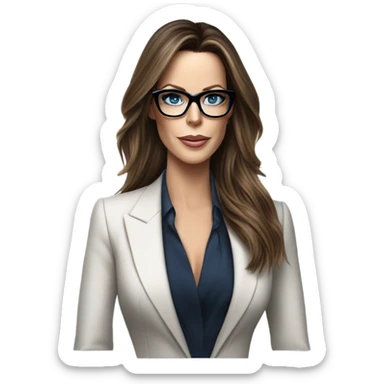 Hyper Realistic photo Kate Beckinsale blue eyes wearing glasses in a business meeting high fashion  sticker