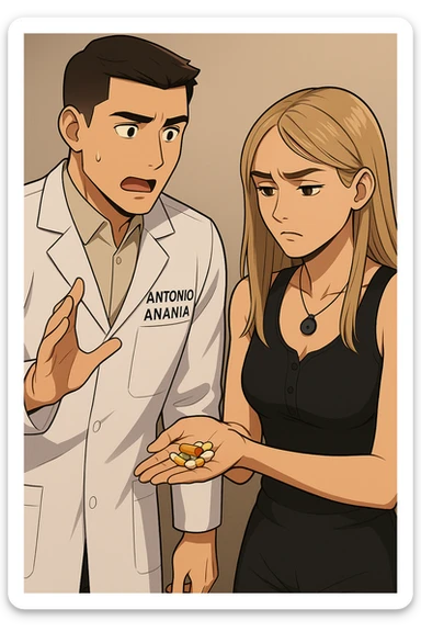 fai un webtoon/manga a colori con questo kinesiologo in camice bianco (fagli la scritta "ANTONIO ANANIA" SUL CAMICE) CHE PARLA CON QUESTA RAGAZZA. LA RAGAZZA HA UN PUGNO DI INTEGRATORI IN MANO (TANTE PILLOLE DIVERSE) E LE GUARDA DUBBIOSA. IL KINESIOLOGO CON IL CAMICE BIANCO LE DOMANDA UNA COSA SCIOCCATO. NON FARE I FUMETTI, FAI SOLO LORO COME SE DIALOGASSERO sticker