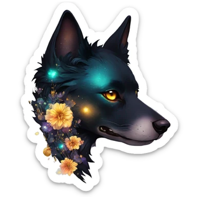 Black iridescent fluffy dog fox head skull zombie skull skeleton gold mechanical steampunk raven wings nebula galaxy stars colorful flowers fairy lights vintage sticker