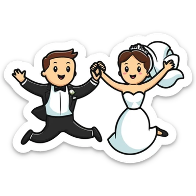 Comedic character in inappropriate outfit disrupting a wedding, jumping between bride and groom sticker