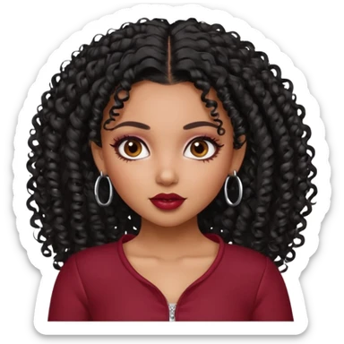 a pretty bratz dusky girl with curly black hair, kajal under eyes, small silver hoop. dark red full sleeve sticker