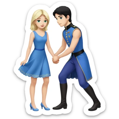 prince, black hair, blue eyes, blue garment,  Woman, blonde Hair, green eyes, bending knee, sleveless white dress, sticker
