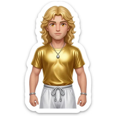 Apollo from Greek Mythology with amber eyes, long blonde hair, gold metallic shirt, white metallic baggy pants, silver necklace sticker