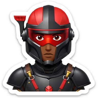 A futuristic man bounty hunter in sleek black armor, glowing red visor in the dark sticker