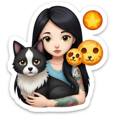 a Chinese girl with long black  straight hair and tattoos and A meteorite border collie and a black round faced cat sticker