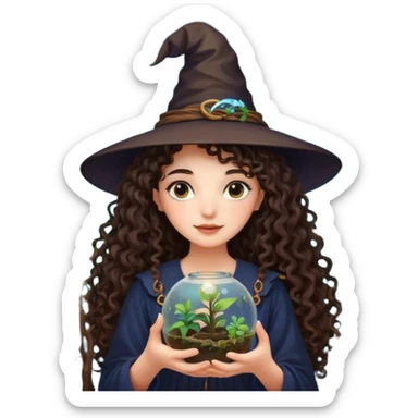 A long curly haired brunette girl with a moon, witch hat, holding a plant terrarium sticker