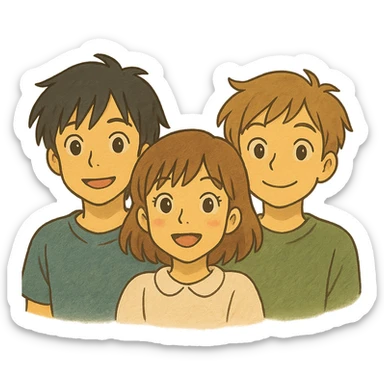 Anime-style emoji blending Hiro, Miamur, and Kanata Asai in a Ghibli-inspired art style sticker