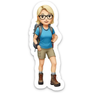 Woman in her 40s with glasses wearing sporty outfit, hiking boots, and backpack looking happy and curious sticker