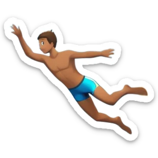 A diver mid-air, plunging from a high cliff into the sparkling ocean below. The background features rugged cliffs, clear blue water, and a bright sky, emphasizing the excitement and danger of the sport with a sense of freedom and adventure. sticker