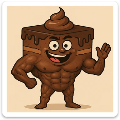 Make the abs on the chocolate cake more realistic while keeping a playful character style. Use a simple background. sticker