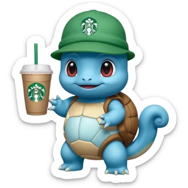 Squirtle with a Starbucks cup and a green hat with a Starbucks logo on it sticker