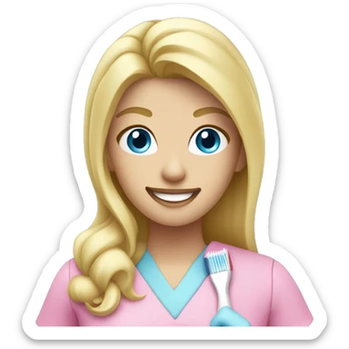 blonde dentist with blue eyes pink scrubs and holding tooth brush sticker