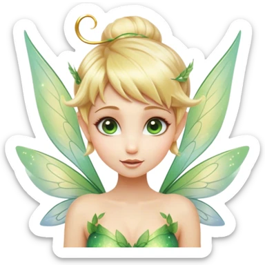 Cinematic Realistic Blonde Tinker Bell Fairy Portrait, depicted with lifelike, delicate skin glowing with a subtle radiant aura, soft natural lighting accentuating her gentle features, and intricately detailed golden blonde hair styled in a whimsical pixie cut. Her iridescent, translucent wings shimmer with delicate fairy dust, and her expressive, sparkling eyes reflect a world of magic. Adorned in a subtle blend of woodland greens and soft pastel accents, the portrait exudes an enchanting glow that seamlessly merges realism with fairy charm. sticker