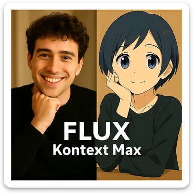 same similar image but chnage the text to "Flux Kontext Max", change people and pose too sticker