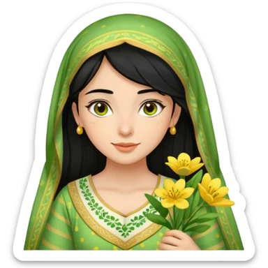 A picture of a black-haired girl in a beautiful green Arabic dress with green dotted stripes and beautiful yellow flowers scattered and a white-faced girl sticker