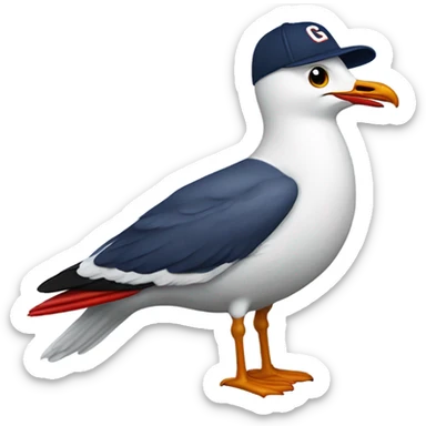 Seagull with wearing navy color baseball cap emblazoned with a red G initial sticker