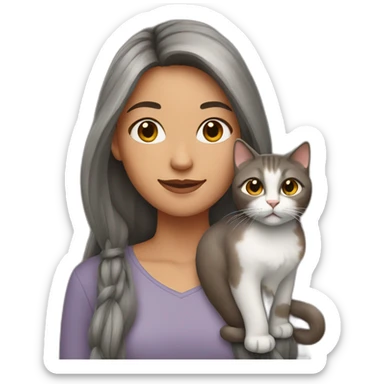 Woman with brown and gray long hair with a cat on her shoulder sticker