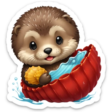 baby sea otter pup holding a red scallop shell sticker