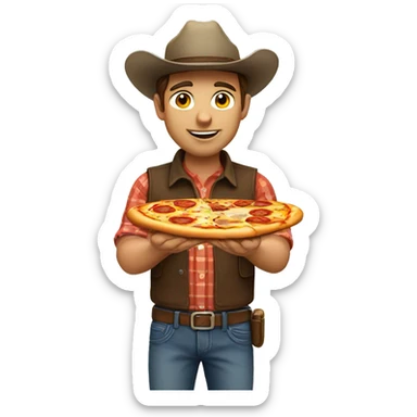 Male farmer brown hair and eyes wearing cowboy hat eating pizza sticker