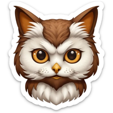 An cats head with a brown on top of the head of the cat the cats head infused with an white owls body with brown wings sticker