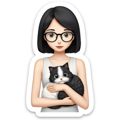Skinny woman with oval glasses, shoulder length straight black hair, wearing white sleeveless top, hugging a Persian-Angora cat that's gray and white like Oreo cookies, plain background sticker