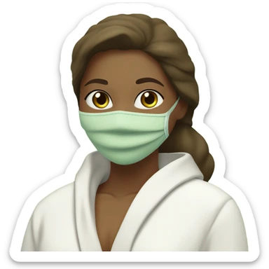 White girl with Brown hair and blue eyes wears a Green clay colored skincare textured mask and puts on cucumbers around her eyes while She relaxes in her white Robe sticker