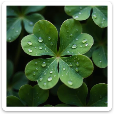 a realistic green four-leaf clover, with dew drops, photorealistic, natural details, close-up sticker