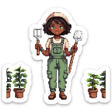 Beautiful brown skin girl with dark short hair wear garden overalls holding garden tools sticker