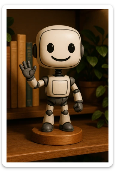 a friendly robot waving bobblehead style sticker