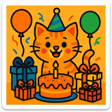 a ginger tabby kitten celebrating its birthday, wearing a birthday hat, surrounded by a birthday cake, balloons, gifts, and looking happy sticker