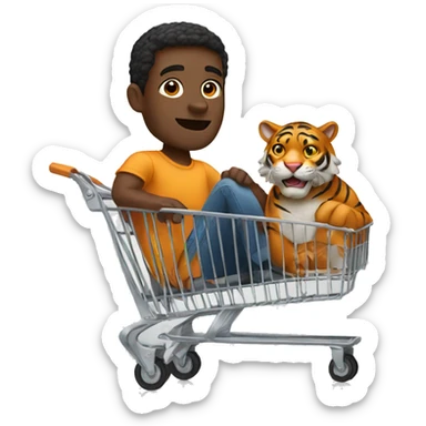 a black man riding in a shopping cart with a tiger sticker