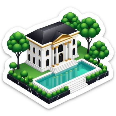 white and black expensive luxurious divine glorious beautiful gorgeous glittery marble mansion aesthetics with shiny gold accents with green isometric bushes and big pool sticker