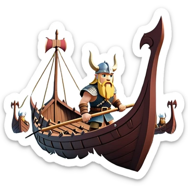 clash-of-clans-aesthetic_-cinematic-viking-longboat, rendered in a flat, bold vector style with minimal shading, featuring a striking dragon-headed prow slicing through waters. shields on the side and vikings rowing The longboat’s, the boat has carved motifs evoke a sense of epic adventure and Nordic might, with billowing sails catching a dramatic, stormy sky backdrop. sticker