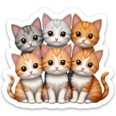 6 tiny kittens cuddling together all different colours, the first one is grey and white, the second is ginger and white and the third is brown tabby and white sticker