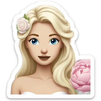White bride with long light blonde hair and blue eyes with light pink peonies in hair white skin  sticker