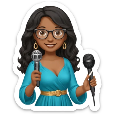 singer, Middle age, long wavy black hair, brown skin, wearing dress, holding mic, glasses sticker