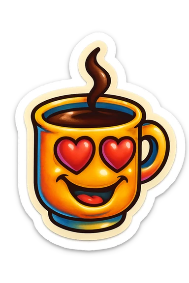 coffee cup creature, big heart eyes, dopey smile sticker
