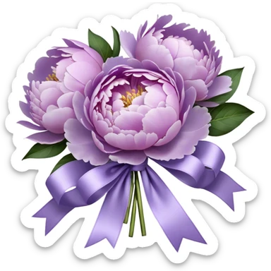 "A hyper-realistic bouquet of light purple peonies, freshly bloomed, tied with a luxurious satin ribbon in a soft lavender shade. The petals are delicate and slightly ruffled, with subtle color gradients ranging from pale lilac to deep violet. The bouquet is placed on an elegant marble tabletop with a vintage-style mirror reflecting its beauty. Soft natural light enhances the intricate textures of the flowers, casting gentle shadows."
 sticker