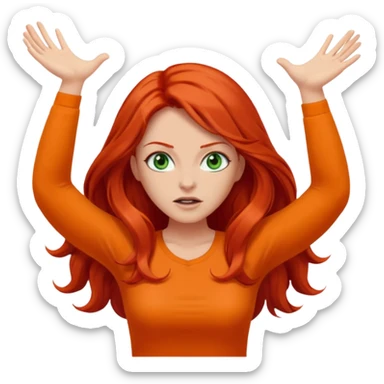 lady with long red hair, green eyes and orange top throwing arms in the as if confused sticker
