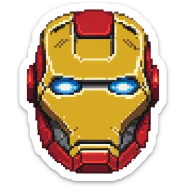 Iron Man face helmet in pixel art style, red and gold superhero mask sticker