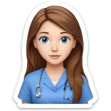 inside a classroom at university that says nursing school on the board with a pretty female nursing student with long brown hair, blue eyes sticker