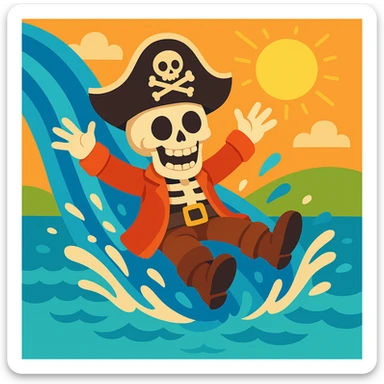 Make the pirate a skeleton pirate, keep the playful, vibrant cartoon style, on a water slide. Maintain the lively and colorful cartoon vibe. sticker