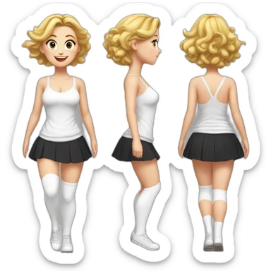 realistic full body caucasian curvy beauty jumping short black skirt back and front views strong wind white knickers long white socks sticker