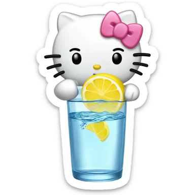 Hello kitty drinking a glass of water with a lemon on the side of the cup sticker
