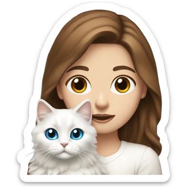 woman with brown hair and holding a all white Siberian cat with blue eyes sticker
